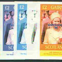 Gairsay 1986 Queen's 60th Birthday imperf deluxe sheet (£2 value) with AMERIPEX opt in blue, set of 5 progressive proofs comprising single & various composite combinations unmounted mint
