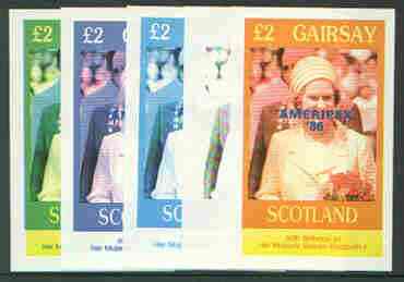 Gairsay 1986 Queen's 60th Birthday imperf deluxe sheet (£2 value) with AMERIPEX opt in blue, set of 5 progressive proofs comprising single & various composite combinations unmounted mint