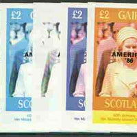 Gairsay 1986 Queen's 60th Birthday imperf deluxe sheet (£2 value) with AMERIPEX opt in black, set of 5 progressive proofs comprising single & various composite combinations unmounted mint