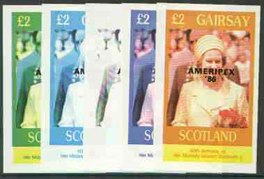 Gairsay 1986 Queen's 60th Birthday imperf deluxe sheet (£2 value) with AMERIPEX opt in black, set of 5 progressive proofs comprising single & various composite combinations unmounted mint