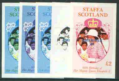 Staffa 1986 Queen's 60th Birthday imperf deluxe sheet (£2 value) with AMERIPEX opt in blue, set of 5 progressive proofs comprising single & various composite combinations unmounted mint