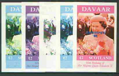 Davaar Island 1986 Queen's 60th Birthday imperf deluxe sheet (£2 value) with AMERIPEX opt in blue, set of 5 progressive proofs comprising single & various composite combinations unmounted mint