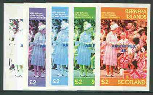 Bernera 1986 Queen's 60th Birthday imperf deluxe sheet (£2 value) with AMERIPEX opt in blue, set of 5 progressive proofs comprising single & various composite combinations unmounted mint