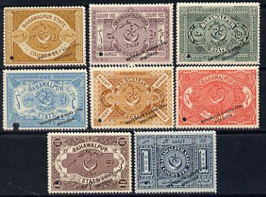 Bahawalpur 1900 Court Fee proof set of 8 values (1a to 10r) each opt'd 'Waterlow & Sons Ltd/ Specimen' and with small security puncture, unused without gum as issued