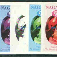 Nagaland 1986 Queen's 60th Birthday imperf deluxe sheet (2Ch value) with AMERIPEX opt in blue, set of 5 progressive proofs comprising single & various composite combinations unmounted mint