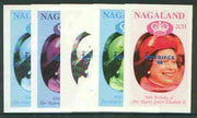 Nagaland 1986 Queen's 60th Birthday imperf deluxe sheet (2Ch value) with AMERIPEX opt in blue, set of 5 progressive proofs comprising single & various composite combinations unmounted mint
