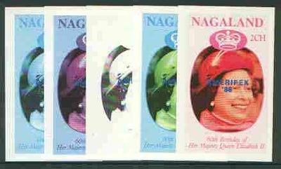 Nagaland 1986 Queen's 60th Birthday imperf deluxe sheet (2Ch value) with AMERIPEX opt in blue, set of 5 progressive proofs comprising single & various composite combinations unmounted mint