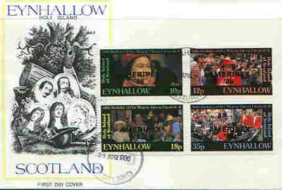 Eynhallow 1986 Queen's 60th Birthday perf set of 4 (10p, 12p, 18p & 35p) opt'd AMERIPEX '86 in black on cover with first day cancel