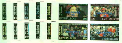 Eynhallow 1986 Queen's 60th Birthday imperf sheetlet containing set of 4 values each opt'd AMERIPEX '86 in blue - the set of 6 progressive proofs comprising single & various composite combinations incl completed design (24 proofs) unmounted mint