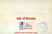 Stroma 1962 Europa imperf m/sheet 2s6d (Seal) on reverse of cover to London which bears the normal 3d UK inland rate.,Mini sheet endorsed with a feint 'Delayed by Storm' handstamp in blue Note: I have several of these covers so th……Details Below