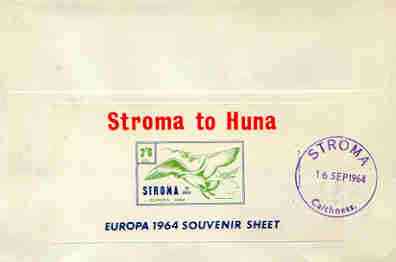 Stroma 1964 Europa imperf m/sheet 2s6d (Herring Gull) on reverse of cover to London which bears the normal 3d UK inland rate. Note: I have several of these covers so the one you receive may be slightly different to the one illustrated