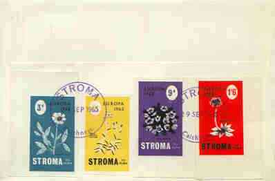 Stroma 1965 Europa (Flowers) imperf set of 4 on reverse of cover to London which bears the normal 4d UK inland rate. Note: I have several of these covers so the one you receive may be slightly different to the one illustrated