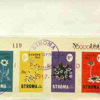 Stroma 1965 Europa (Flowers) imperf sheetlet containing set of 4 opt'd JF Kennedy in red, on reverse of cover to London which bears the normal 4d UK inland rate. Note: I have several of these covers so the one you receive may be s……Details Below