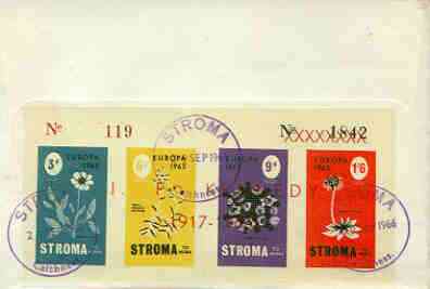 Stroma 1965 Europa (Flowers) imperf sheetlet containing set of 4 opt'd JF Kennedy in red, on reverse of cover to London which bears the normal 4d UK inland rate. Note: I have several of these covers so the one you receive may be s……Details Below