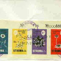 Stroma 1965 Europa (Flowers) imperf sheetlet containing set of 4 opt'd JF Kennedy in black, on reverse of cover to London which bears the normal 4d UK inland rate.