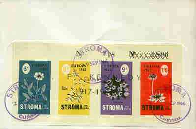 Stroma 1965 Europa (Flowers) imperf sheetlet containing set of 4 opt'd JF Kennedy in black, on reverse of cover to London which bears the normal 4d UK inland rate.