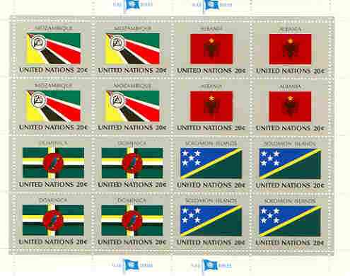 United Nations (NY) 1982 Flags of Member Nations #3 sheetlet of 16 containing flags of Mozambique, Albania, Dominica & Solomon Islands each in blocks of 4 unmounted mint, SG 390a