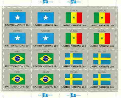 United Nations (NY) 1983 Flags of Member Nations #4 sheetlet of 16 containing flags of Somalia, Senegal, Brazil & Sweden each in blocks of 4 unmounted mint, SG 423a