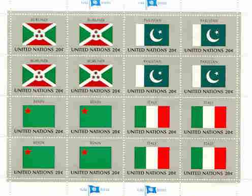United Nations (NY) 1984 Flags of Member Nations #5 sheetlet of 16 containing flags of Burundi, Pakistan, Benin & Italy each in blocks of 4 unmounted mint, SG 437a