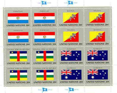 United Nations (NY) 1984 Flags of Member Nations #5 sheetlet of 16 containing flags of Paraguay, Bhutan, Central African Republic & Australia each in blocks of 4 unmounted mint, SG 445a