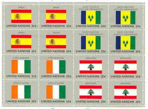 United Nations (NY) 1988 Flags of Member Nations #9 sheetlet of 16 containing flags of Spain, St Vincent, Ivory Coast & Lebanon each in blocks of 4 unmounted mint, SG 540a