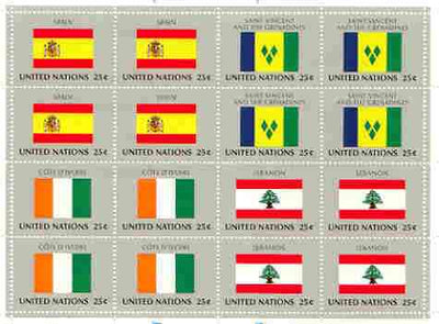 United Nations (NY) 1988 Flags of Member Nations #9 sheetlet of 16 containing flags of Spain, St Vincent, Ivory Coast & Lebanon each in blocks of 4 unmounted mint, SG 540a