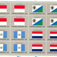 United Nations (NY) 1989 Flags of Member Nations #10 sheetlet of 16 containing flags of Indonesia, Lesotho, Guatemala & Netherlands each in blocks of 4 unmounted mint, SG 566a