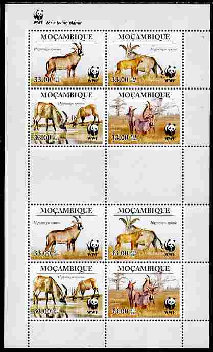 Mozambique 2010 WWF - Antelope Hippotragus equinus perf sheetlet containing 2 x sets of 4 vaues unmounted mint