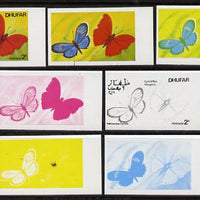 Dhufar 1977 Butterflies 2b (Heliconius Cyrbia & Cymothoe Sangaris) set of 7 imperf progressive colour proofs comprising the 4 individual colours plus 2, 3 and all 4-colour composites unmounted mint