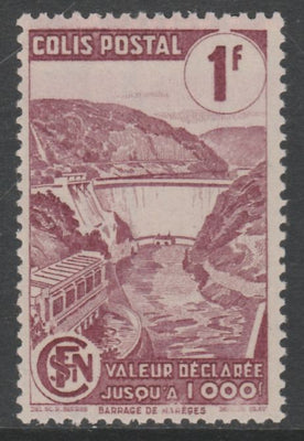France - SNCF Railway Parcel Stamp 1944 Mareges Dam 1f purple unmounted mint, Yv 216*