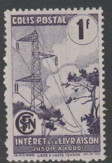 France - SNCF Railway Parcel Stamp 1944 Electric Pylons 1f violet unmounted mint, Yv 220*