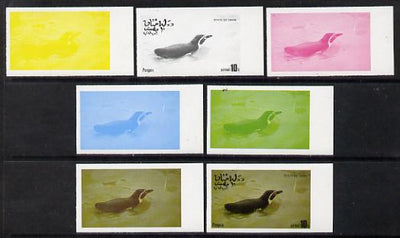 Oman 1977 Birds #2 10b (Penguin) set of 7 imperf progressive colour proofs comprising the 4 individual colours plus 2, 3 and all 4-colour composites unmounted mint