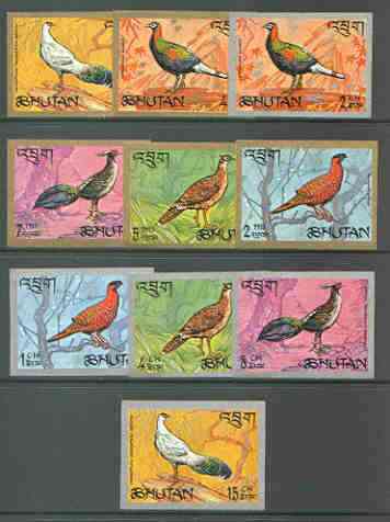 Bhutan 1968 Pheasants imperf set of 10 complete unmounted mint, Mi 179-88B