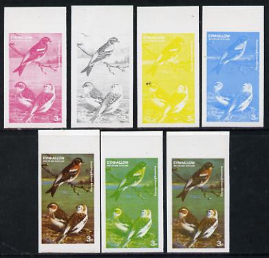 Eynhallow 1977 Birds #01 Brambling & Snow Bunting 3p set of 7 imperf progressive colour proofs comprising the 4 individual colours plus 2, 3 and all 4-colour composites unmounted mint