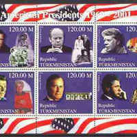 Turkmenistan 2000 US Presidents #01 perf sheet of 6 unmounted mint, containing Nixon, Ford, Carter, Regan, Bush & Clinton, background shows Space, Dog, Table Tennis & Sax.