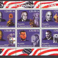 Turkmenistan 2000 US Presidents #02 perf sheet of 6 unmounted mint, containing Roosevelt, Hoover, Truman, Johnson, Eisenhower & Kennedy background shows Einstein, Dog, Golf & M L King