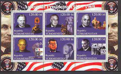 Turkmenistan 2000 US Presidents #02 perf sheet of 6 unmounted mint, containing Roosevelt, Hoover, Truman, Johnson, Eisenhower & Kennedy background shows Einstein, Dog, Golf & M L King