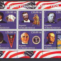Turkmenistan 2000 US Presidents #06 perf sheet of 6 unmounted mint, containing McKinley, Roosevelt, Taft, Wilson, Harding & Coolidge, background shows Horses, Cars & Planes