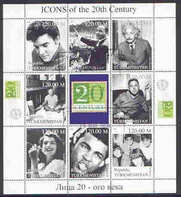 Turkmenistan 1999 Icons of the 20th Century #1 perf sheetlet containing set of 8 values,(Elvis, Einstein, Ali, Beatles etc) fine used