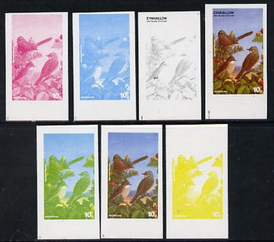 Eynhallow 1977 Birds #01 Whitethroat 10p set of 7 imperf progressive colour proofs comprising the 4 individual colours plus 2, 3 and all 4-colour composites unmounted mint