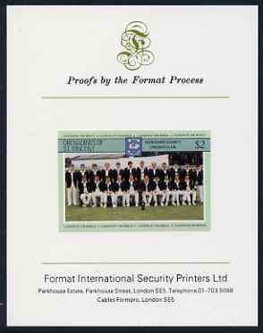 St Vincent - Grenadines 1985 Cricketers #3 - $2 Yorkshire Team - imperf proof mounted on Format International proof card (as SG 369)
