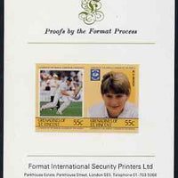 St Vincent - Grenadines 1985 Cricketers #3 - 55c M D Moxon - imperf se-tenant proof pair mounted on Format International proof card (as SG 364a)