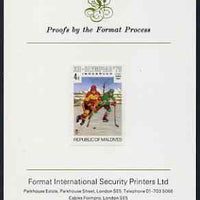 Maldive Islands 1976 Winter Olympics 4r (Ice Hockey) imperf proof mounted on Format International proof card (as SG 631)