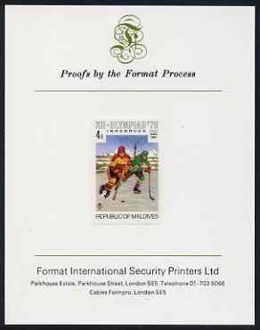 Maldive Islands 1976 Winter Olympics 4r (Ice Hockey) imperf proof mounted on Format International proof card (as SG 631)