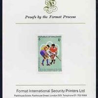 Maldive Islands 1976 Montreal Olympics 4l (Field-Hockey) imperf proof mounted on Format International proof card (as SG 657)