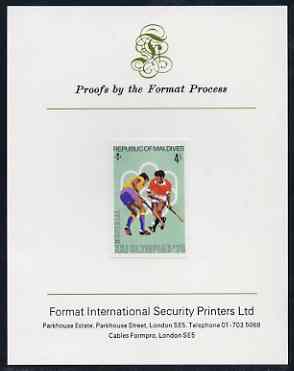 Maldive Islands 1976 Montreal Olympics 4l (Field-Hockey) imperf proof mounted on Format International proof card (as SG 657)