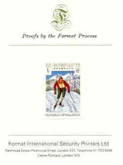 Maldive Islands 1976 Winter Olympics 1l (Cross Country Skiing) imperf proof mounted on Format International proof card (as SG 624)