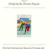 Maldive Islands 1976 Winter Olympics 2l (Speed Skating) imperf proof mounted on Format International proof card (as SG 625)