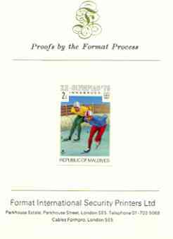 Maldive Islands 1976 Winter Olympics 2l (Speed Skating) imperf proof mounted on Format International proof card (as SG 625)