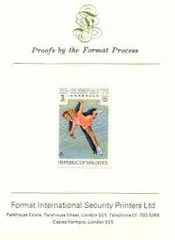 Maldive Islands 1976 Winter Olympics 3l (Pairs Ice Skating) imperf proof mounted on Format International proof card (as SG 626)